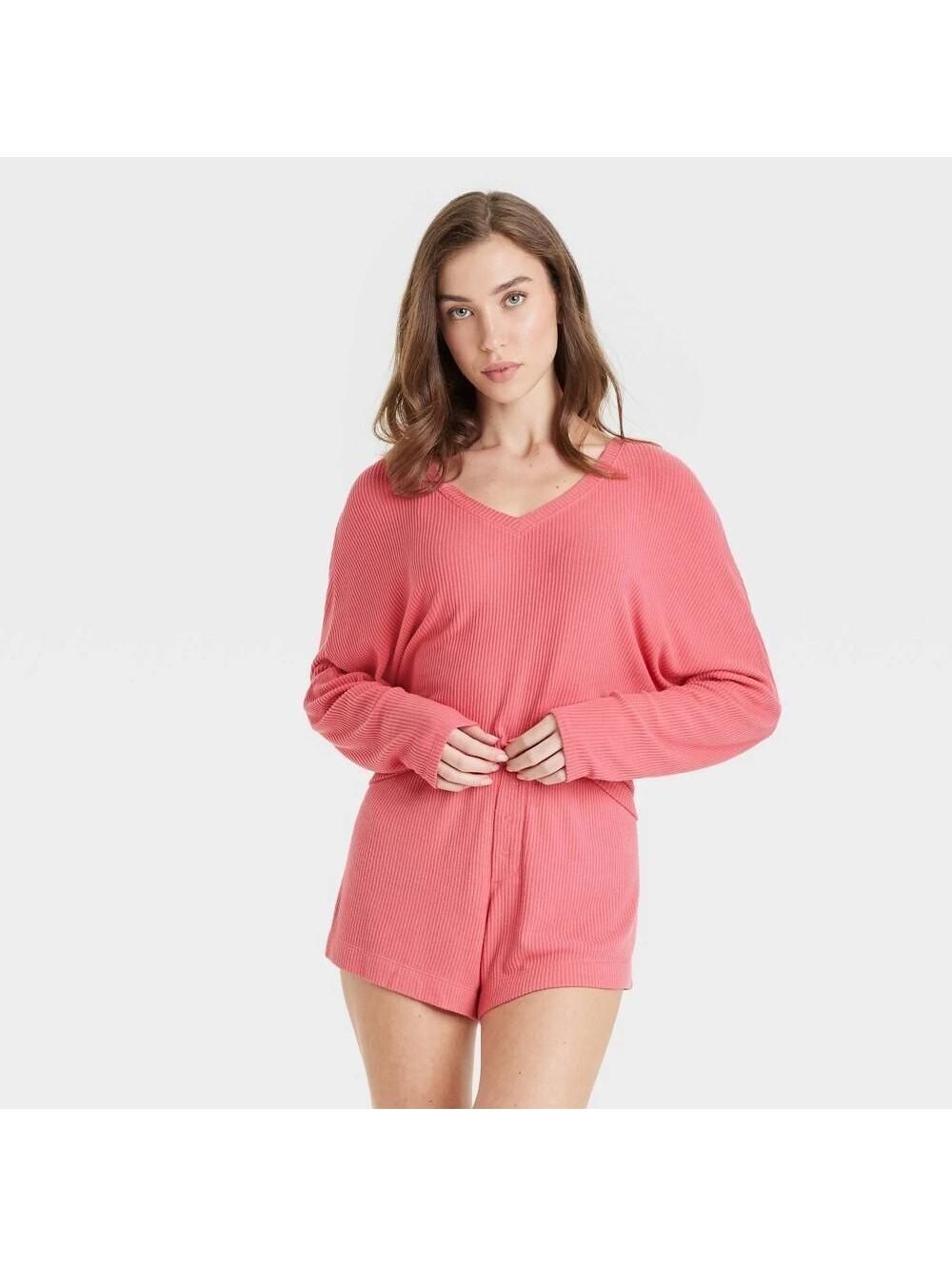 Women's Cozy Ribbed Pullover - Auden Coral Pink 4X V Neck, Dolman Sleeve